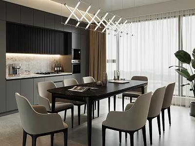 Modern Restaurant Interior With Dark Dining Table Beige Chairs Gray Cabinets And Pendant Lights 3d model