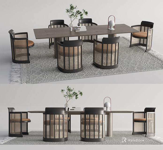 Modern Dining Set With Wooden Table Rattan Chairs Vase And Rug 3d model 