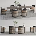 New Chinese Dining Table and Chair Set Rattan Dining Table and Chair Carpet 3d model