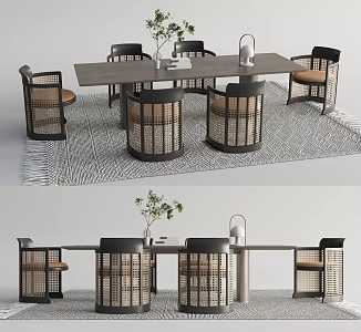 New Chinese Dining Table and Chair Set Rattan Dining Table and Chair Carpet 3d model