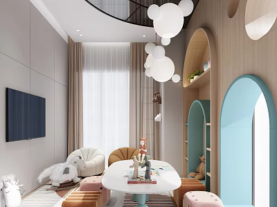 Kid Friendly Playroom Interior With Colorful Sofa Cartoon Lights And Toy Table 3d model