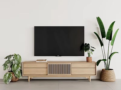 Modern Wooden TV Stand with Flat Screen TV and Potted Plants in Living Room 3d model