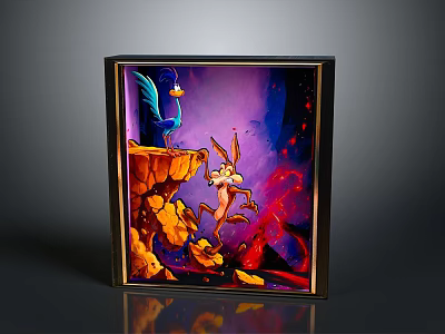 Framed Animated Artwork Featuring Rabbit On Rocky Cliff With Purple Background And Red Accents 3d model