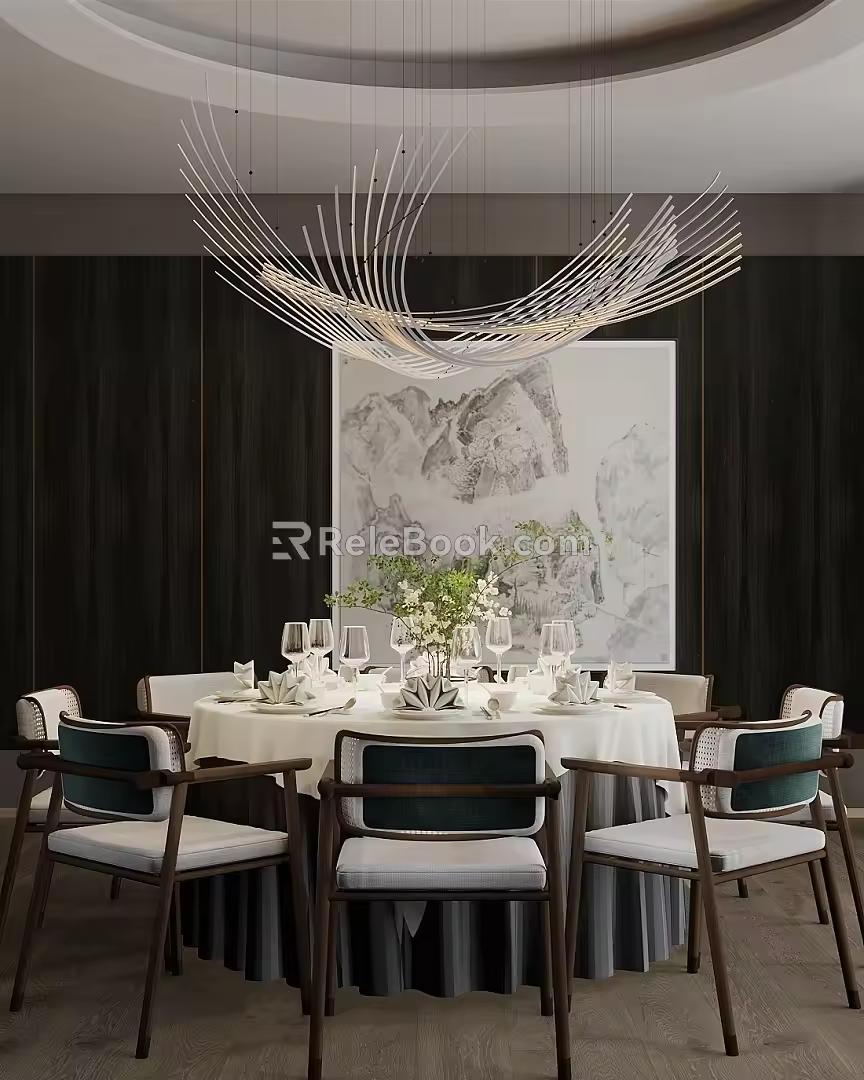 Modern Box Restaurant Box Dining Table and Chair Combination Chandelier Tableware 3d model