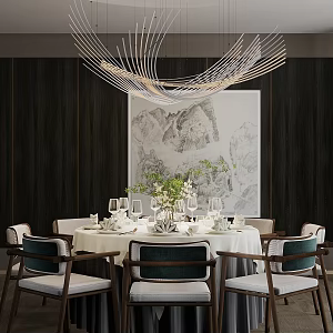 Modern Box Restaurant Box Dining Table and Chair Combination Chandelier Tableware 3d model
