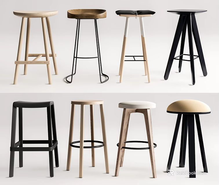 Modern Bar Stools With Wooden And Metal Frames In Various Styles For Home Bar 3d model 
