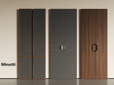 Minotti Modern Wardrobe Doors With Dark Gray Frame Walnut Panels Round Handle And Metal Fasteners 3d model