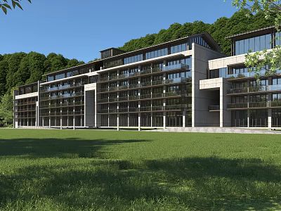 Modern Multi Storey Hotel Building Architecture With Glass Windows And Green Surroundings 3d model