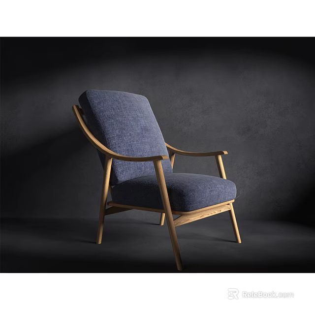 Modern Leisure Chair With Blue Fabric Upholstery And Wooden Armrests Legs 3d model 