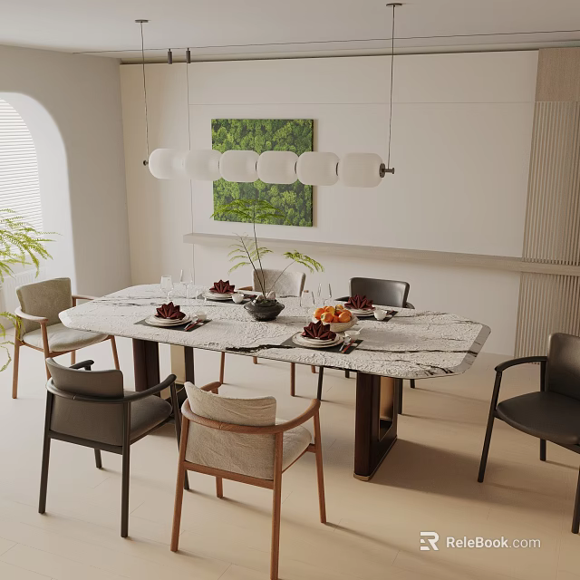 Modern Marble Top Dining Table Set with Chairs Dinnerware Pendant Lights and Green Plant 3d model 