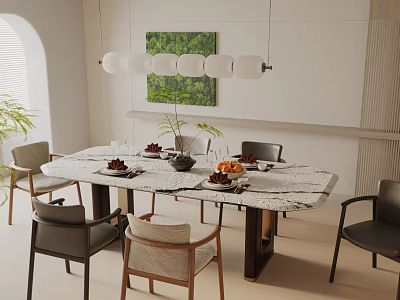 Modern Marble Top Dining Table Set with Chairs Dinnerware Pendant Lights and Green Plant 3d model