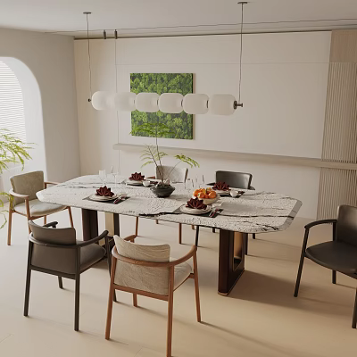 Modern Marble Top Dining Table Set with Chairs Dinnerware Pendant Lights and Green Plant 3d model