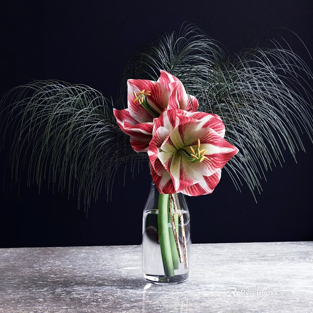 Clear Glass Vase With Red And White Amaryllis Flowers Green Stems And Long Slender Leaves 3d model 