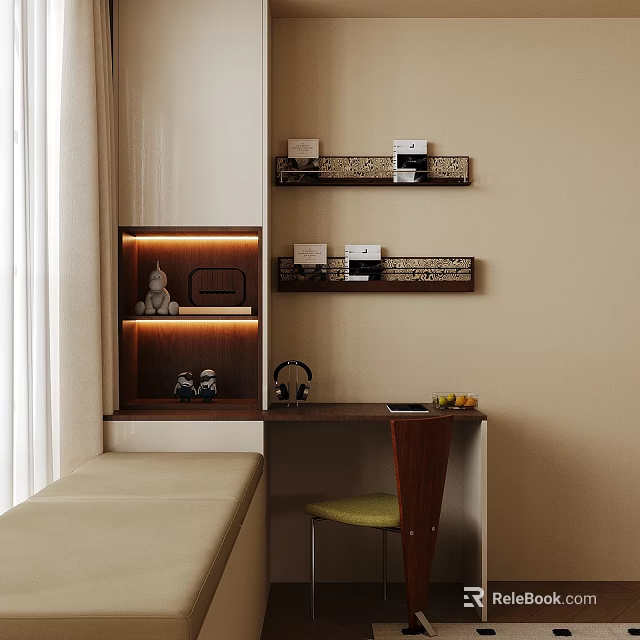 Modern Desk Setup With Wall Shelves Books Decorations Headphones Fruits And Green Chair 3d model 