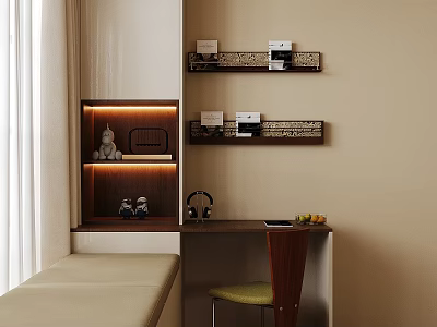 Modern Desk Setup With Wall Shelves Books Decorations Headphones Fruits And Green Chair 3d model