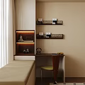 Modern Desk Setup With Wall Shelves Books Decorations Headphones Fruits And Green Chair
