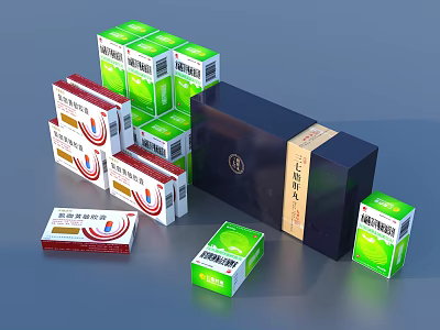 Colorful Daily Living Product Boxes With Green Red And Black Packaging 3d model