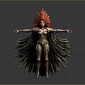 Mythical Woman With Red Flame Hair In Gold Black Armor And Feather Wings Arms Outstretched