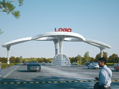 Modern Entrance Gate Design With Curved Canopy Logo Cars And Pedestrians 3d model