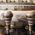 Sophisticated Bar Interior With Metal Bar Stools Marble Countertop And Glass Wine Cabinets