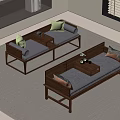 Modern Living Room Featuring Two Wooden Frame Sofas Gray Cushions Coffee Tables Bookshelf And Window Blinds