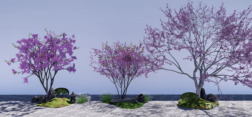 Purple Flowering Trees In Garden Landscape With Rocks And Green Grass 3d model 