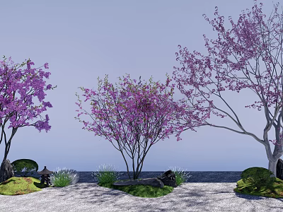 Purple Flowering Trees In Garden Landscape With Rocks And Green Grass 3d model