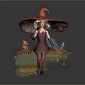 Fantasy Female Game Character With Red Mushroom Hat Pink Dress And Gnome Companion