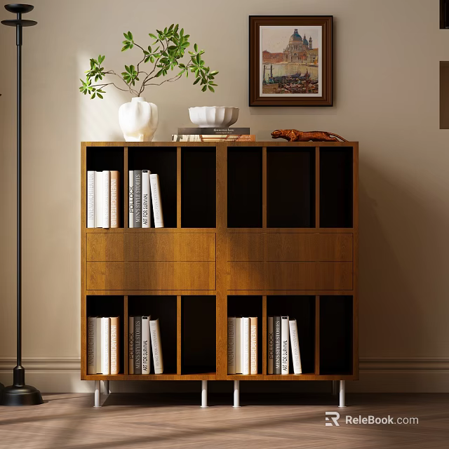 Wooden Bookcase With Open Shelves Decorative Vase Bowl and Stacked Books 3d model 
