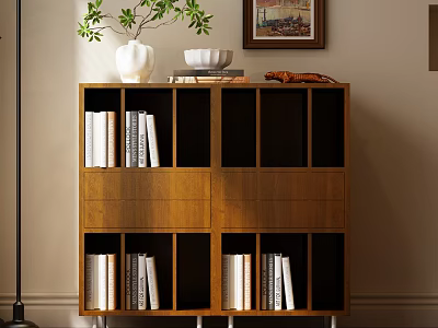 Wooden Bookcase With Open Shelves Decorative Vase Bowl and Stacked Books 3d model