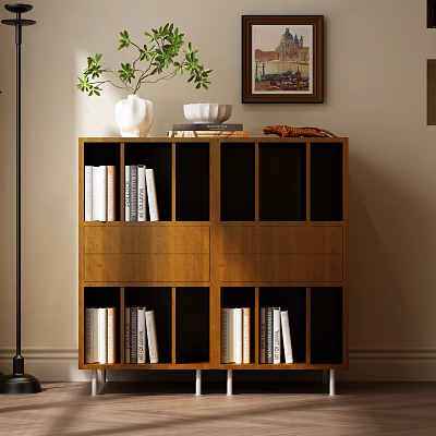 Wooden Bookcase With Open Shelves Decorative Vase Bowl and Stacked Books 3d model