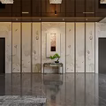 Modern Hotel Lobby Interior With Chandeliers Sofas Large Rug And Floor To Ceiling Windows