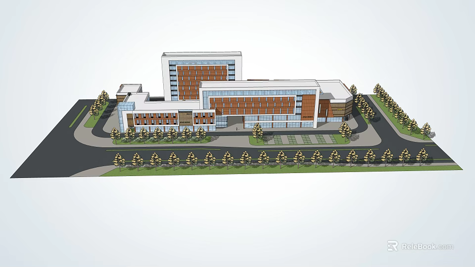 Modern Office Building Exterior Design With Multiple Structures And Surrounding Trees 3d model