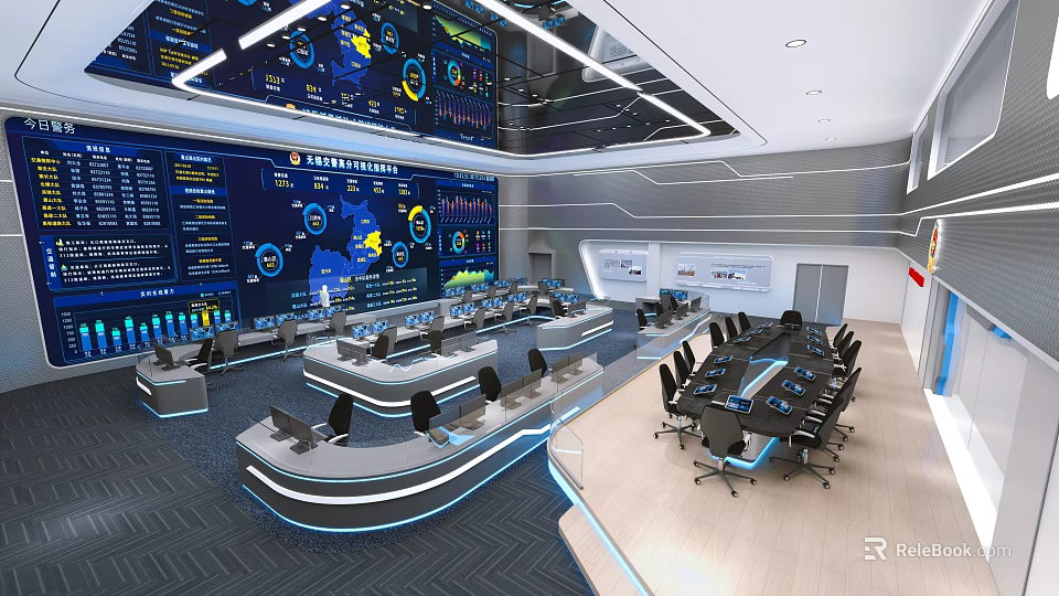 Modern Service Hall Featuring Large Digital Screens Data Visualization Workstations And Conference Tables 3d model 