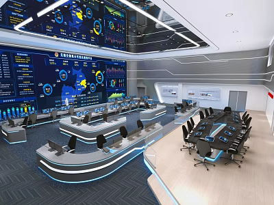Modern Service Hall Featuring Large Digital Screens Data Visualization Workstations And Conference Tables 3d model