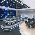Modern Service Hall Featuring Large Digital Screens Data Visualization Workstations And Conference Tables