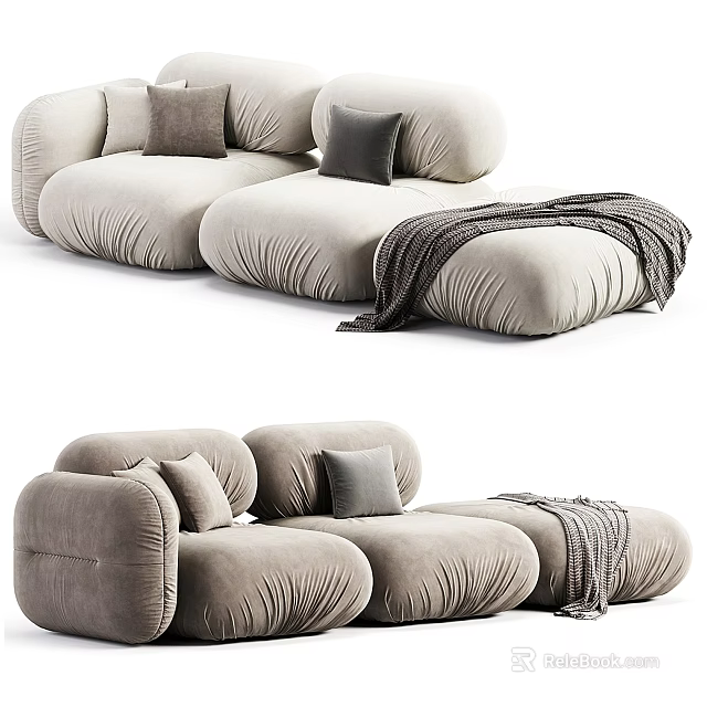 Cozy Modern Sectional Sofa With Soft Cushions Gray Pillows And Throw Blanket 3d model