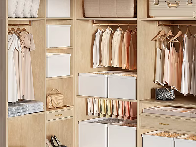 Neatly Organized Clothes In Light Wood Wardrobe With Storage 3d model