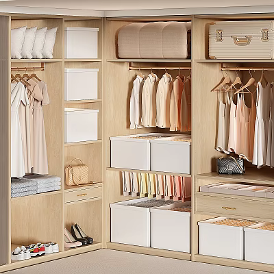Neatly Organized Clothes In Light Wood Wardrobe With Storage 3d model