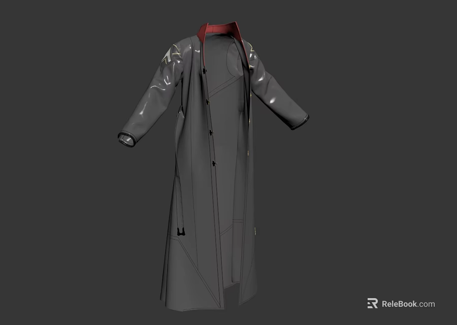 Gray Long Coat With Red Collar Sleek Material Modern Design And Buttons 3d model