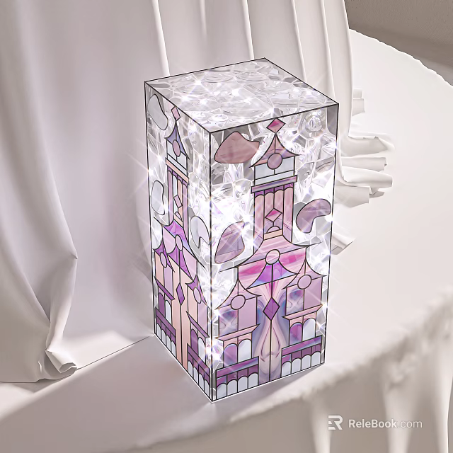 Elegant Decorative Ornament Set Transparent Cube Featuring Stained Glass Architectural Purple Pink Patterns 3d model 