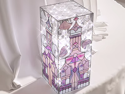 Elegant Decorative Ornament Set Transparent Cube Featuring Stained Glass Architectural Purple Pink Patterns 3d model