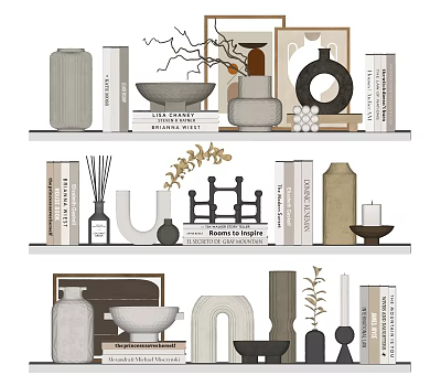 Decorative Ornament Set With Vases Books Bowls Geometric Decor And Plant Accents On Shelves 3d model