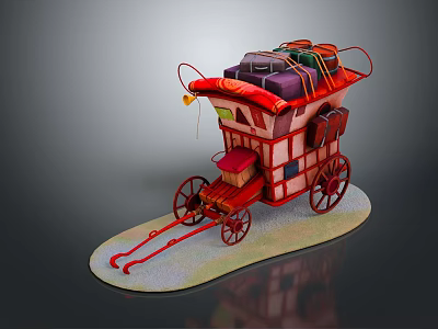 Vintage Red Carriage Loaded With Colorful Luggage And Decorative Wooden Wheels 3d model