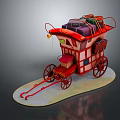 Vintage Red Carriage Loaded With Colorful Luggage And Decorative Wooden Wheels