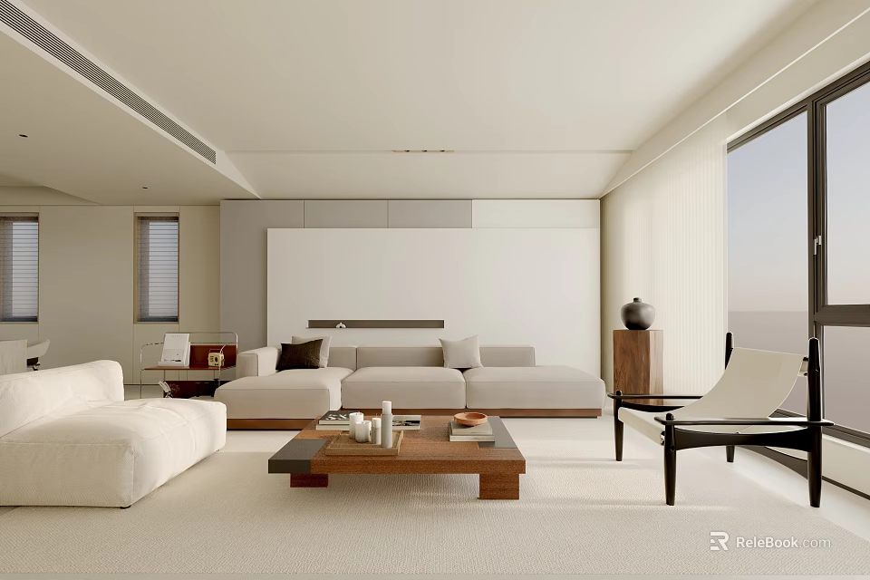 Modern Living Room Interior With Beige Sofa Wooden Coffee Table And Floor To Ceiling Windows 3d model 