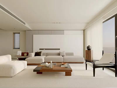 Modern Living Room Interior With Beige Sofa Wooden Coffee Table And Floor To Ceiling Windows 3d model