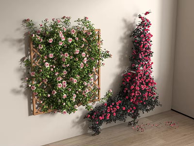 Floral Display with Wooden Trellis Green Vines Pink Flowers and Corner Red Blooms Wall Decoration 3d model