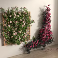 Floral Display with Wooden Trellis Green Vines Pink Flowers and Corner Red Blooms Wall Decoration