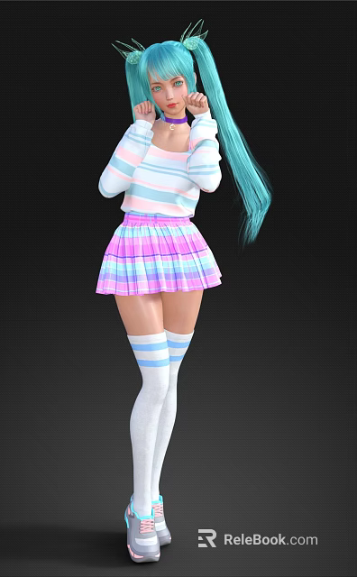 Woman with Teal Hair Wearing Striped Sweater and Plaid Pleated Skirt with Striped Socks 3d model 